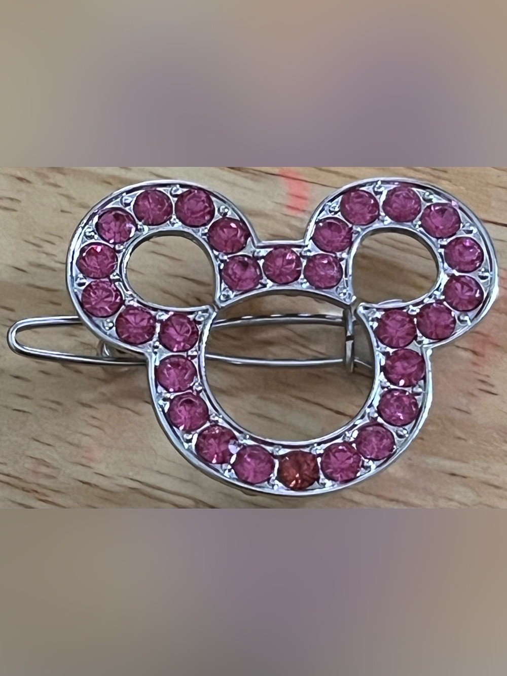 Disney Pink Crystal Mouse Hair Barrette in Silver Tone